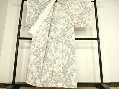 平和屋着物▽上質な紬　単衣　草花文　正絹　逸品　DAAT9393az