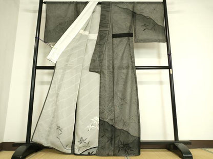 平和屋着物▽訪問着 無双 紗袷 紗×紗 枝花文 黒地 金彩 正絹 逸品 DAAT9476az