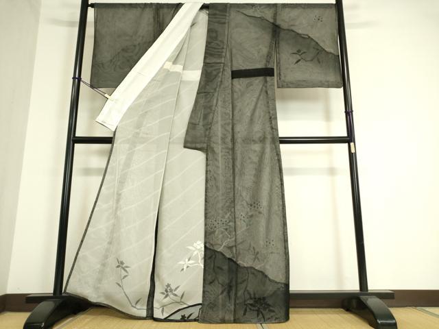 平和屋着物▽訪問着 無双 紗袷 紗×紗 枝花文 黒地 金彩 正絹 逸品 DAAT9476az