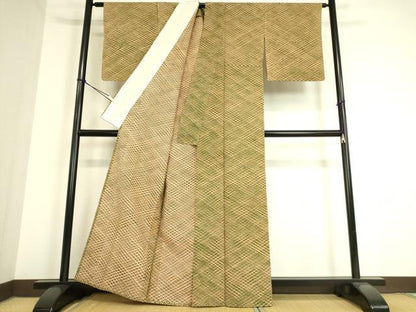 平和屋着物▽上質な小紋 単衣 紬地 格子 正絹 逸品 DAAT9477az