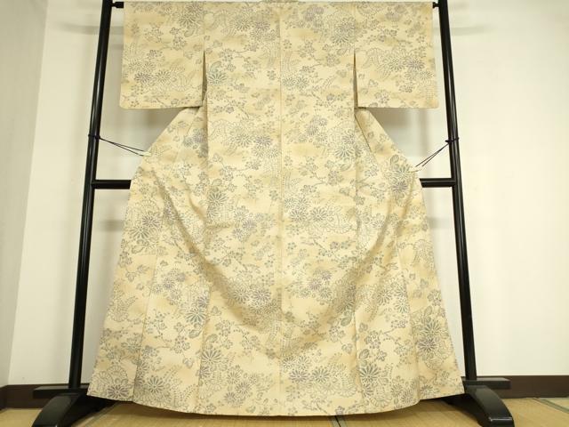 平和屋着物▽上質な小紋 単衣 紬地 花松文 正絹 逸品 DAAT9478az