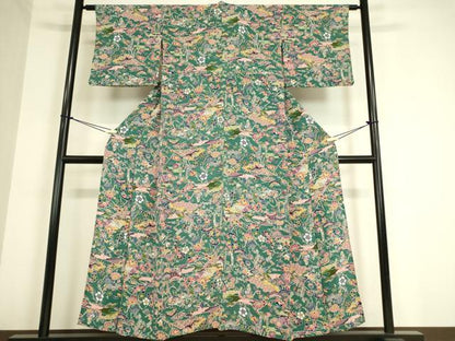 平和屋着物▽上質な小紋　単衣　型染め　吉祥花文　鬼しぼ縮緬　正絹　逸品　DAAT9513az
