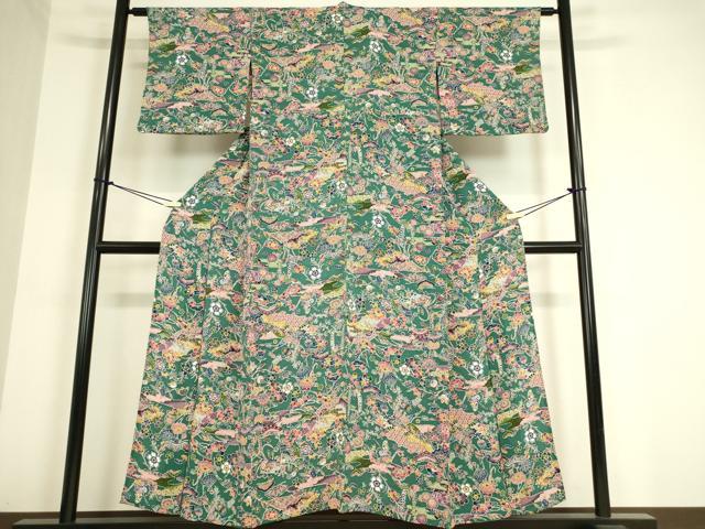 平和屋着物▽上質な小紋　単衣　型染め　吉祥花文　鬼しぼ縮緬　正絹　逸品　DAAT9513az