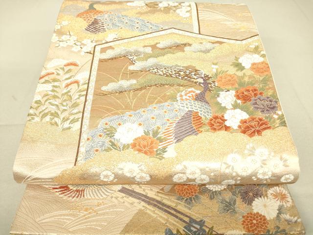 平和屋着物▼六通柄袋帯　唐織　屏風孔雀花文　金糸　正絹　逸品　DAAT9559az