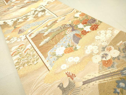 平和屋着物▼六通柄袋帯　唐織　屏風孔雀花文　金糸　正絹　逸品　DAAT9559az