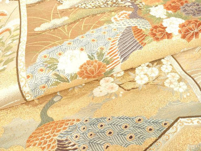 平和屋着物▼六通柄袋帯　唐織　屏風孔雀花文　金糸　正絹　逸品　DAAT9559az