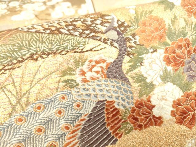 平和屋着物▼六通柄袋帯　唐織　屏風孔雀花文　金糸　正絹　逸品　DAAT9559az