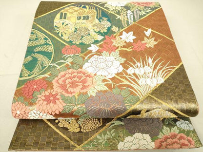 平和屋着物▼六通柄袋帯　唐織　御所車花文　金糸　正絹　逸品　DAAT9569az