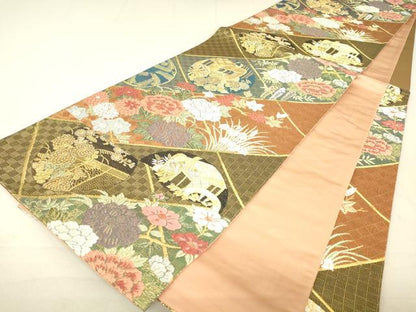 平和屋着物▼六通柄袋帯　唐織　御所車花文　金糸　正絹　逸品　DAAT9569az