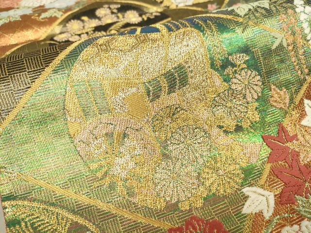 平和屋着物▼六通柄袋帯　唐織　御所車花文　金糸　正絹　逸品　DAAT9569az