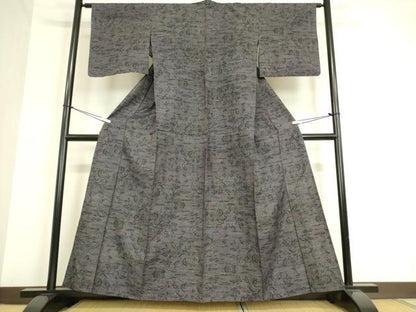平和屋着物▽上質な紬 単衣 草花文 正絹 逸品 DAAT9655az