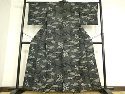 平和屋着物▽上質な小紋 単衣 風景花文 黒地 正絹 逸品 DAAT9663az