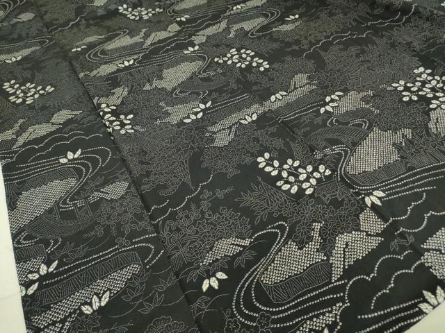平和屋着物▽上質な小紋 単衣 風景花文 黒地 正絹 逸品 DAAT9663az