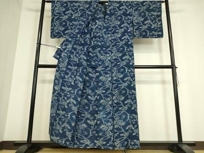 平和屋着物▽戸手藍染　義田茂男　小紋　単衣　藍絣　花唐草文　証紙付き　綿　逸品　DAAT9667az