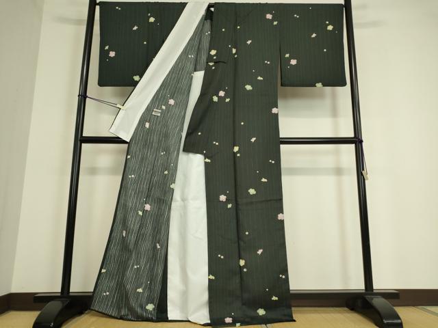 平和屋着物▽世界的ファッションデザイナー　山本寛斎　kansaiブランド　小紋　単衣　舞梅文　黒地　洗える着物　DAAT9674az