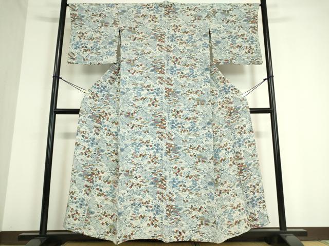 平和屋着物▽上質な小紋 単衣 流水花文 藍 型染め 鬼しぼ縮緬 正絹 逸品 DAAT9675az