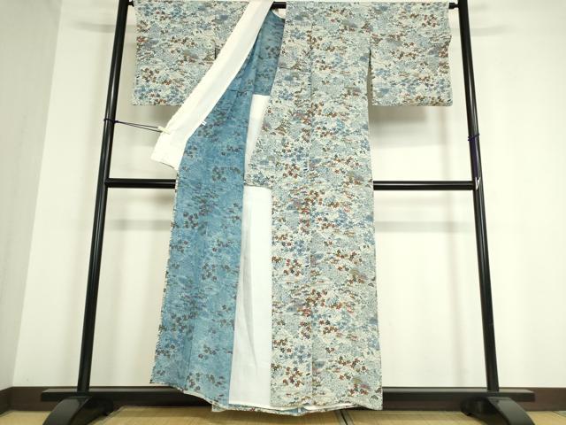 平和屋着物▽上質な小紋 単衣 流水花文 藍 型染め 鬼しぼ縮緬 正絹 逸品 DAAT9675az