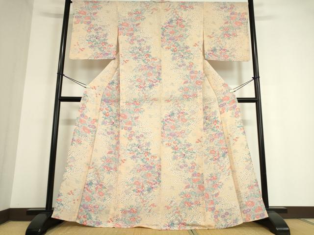 平和屋着物▽上質な小紋 単衣 御所解模様 鬼しぼ縮緬 反端付き 正絹 逸品 未使用 DAAT9689az