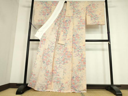 平和屋着物▽上質な小紋 単衣 御所解模様 鬼しぼ縮緬 反端付き 正絹 逸品 未使用 DAAT9689az