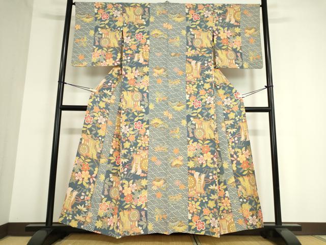 平和屋着物▽上質な小紋 単衣 御所車花文 松竹梅 正絹 逸品 DAAT9690az