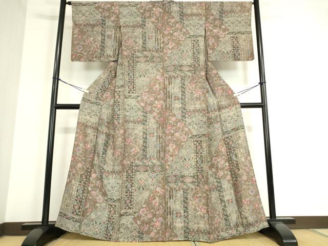 平和屋着物▽上質な小紋 単衣 更紗花文 正絹 逸品 DAAT9692az