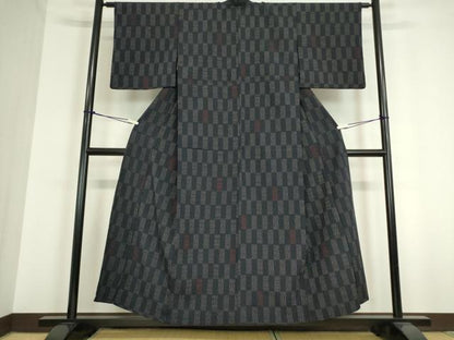 平和屋着物▽上質なお召 単衣 変わり市松文 黒地 正絹 逸品 DAAT9721az