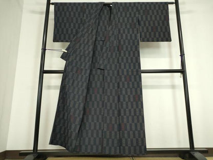 平和屋着物▽上質なお召 単衣 変わり市松文 黒地 正絹 逸品 DAAT9721az