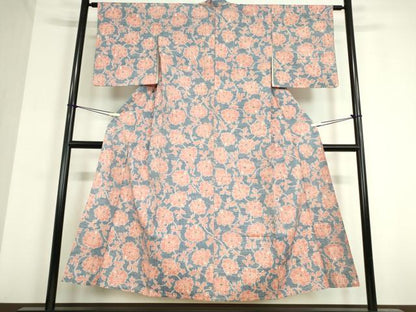 平和屋着物▽上質な紬 単衣 牡丹唐草文 正絹 逸品 DAAT9723az
