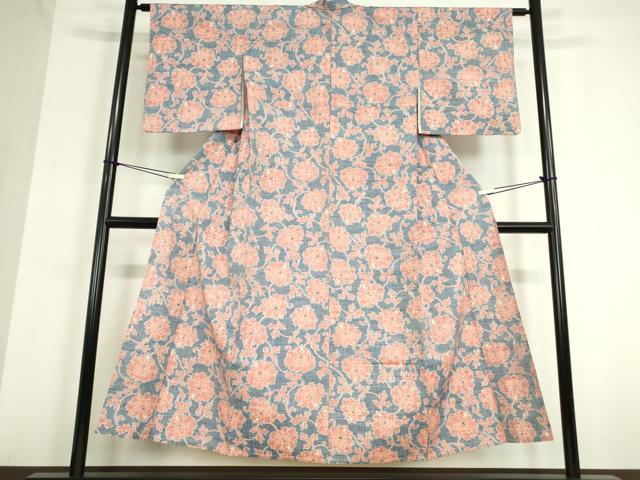 平和屋着物▽上質な紬 単衣 牡丹唐草文 正絹 逸品 DAAT9723az