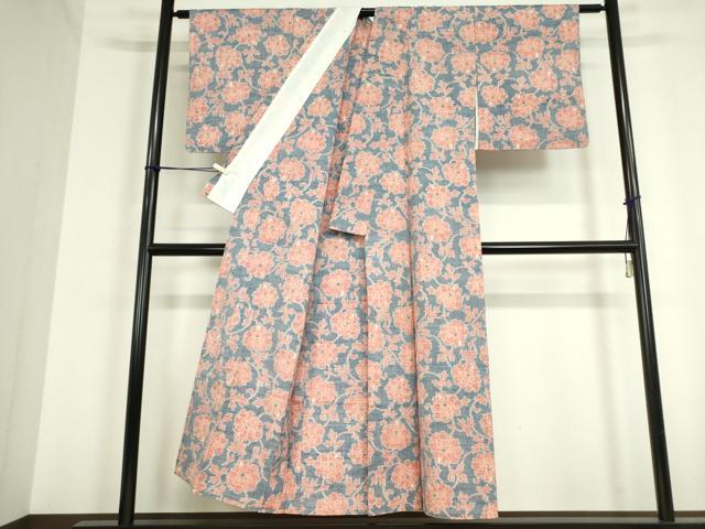 平和屋着物▽上質な紬 単衣 牡丹唐草文 正絹 逸品 DAAT9723az