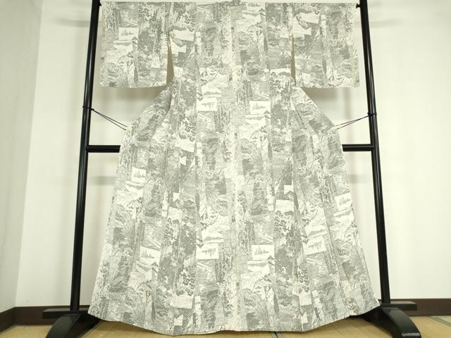 平和屋着物▽上質な小紋 単衣 風景樹林文 鬼しぼ縮緬 正絹 逸品 DAAT9747az