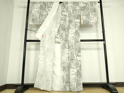 平和屋着物▽上質な小紋 単衣 風景樹林文 鬼しぼ縮緬 正絹 逸品 DAAT9747az
