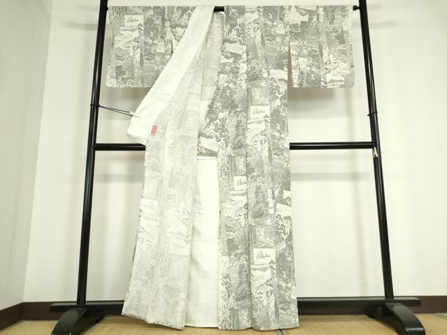 平和屋着物▽上質な小紋 単衣 風景樹林文 鬼しぼ縮緬 正絹 逸品 DAAT9747az