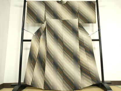 平和屋着物▽上質な小紋 単衣 斜縞 正絹 逸品 DAAT9749az