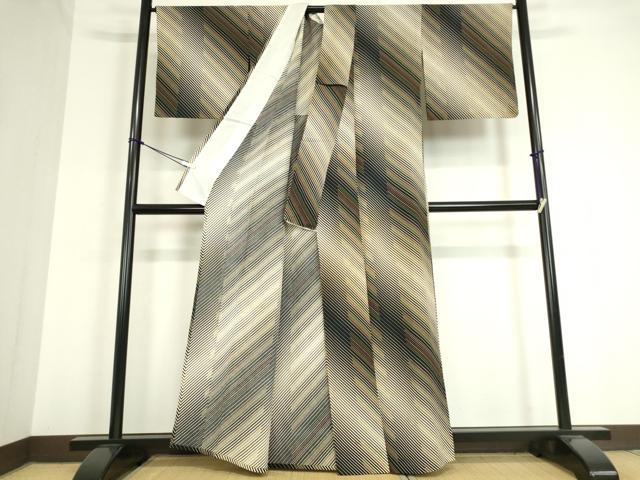 平和屋着物▽上質な小紋 単衣 斜縞 正絹 逸品 DAAT9749az