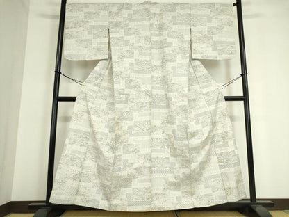 平和屋着物▽上質な紬 単衣 色紙風景花文 正絹 逸品 DAAT9753az