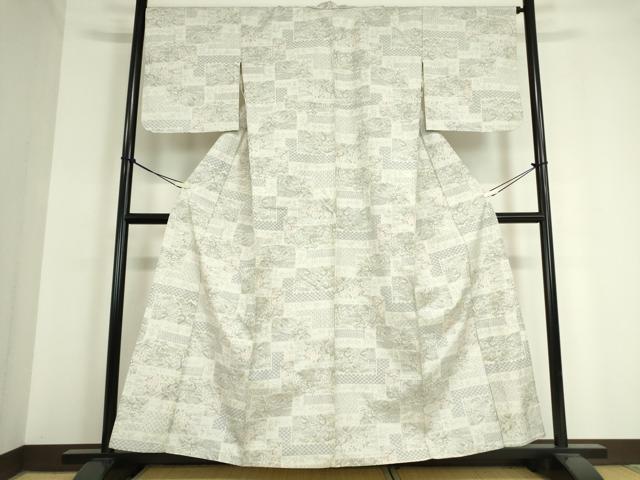 平和屋着物▽上質な紬 単衣 色紙風景花文 正絹 逸品 DAAT9753az