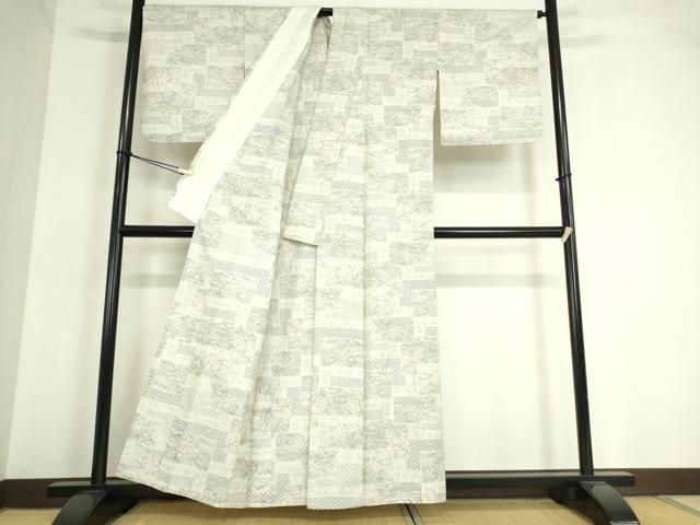 平和屋着物▽上質な紬 単衣 色紙風景花文 正絹 逸品 DAAT9753az
