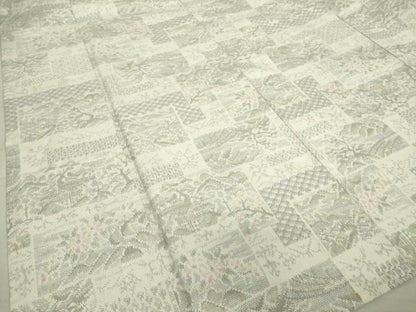 平和屋着物▽上質な紬 単衣 色紙風景花文 正絹 逸品 DAAT9753az