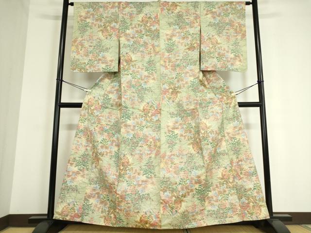 平和屋着物▽小千谷紬 単衣 草花文 正絹 逸品 未使用 DAAT9828az