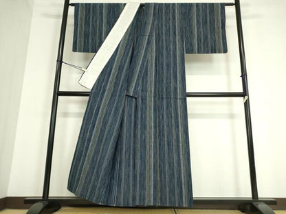 平和屋着物▽上質な紬　単衣　縞　正絹　逸品　DAAT9833az