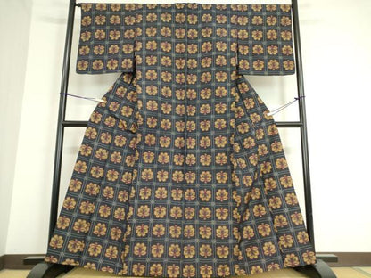 平和屋着物▽上質な紬 単衣 格子花文 黒地 正絹 逸品 DAAT9844az