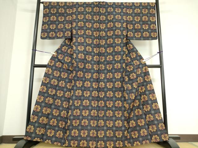 平和屋着物▽上質な紬 単衣 格子花文 黒地 正絹 逸品 DAAT9844az