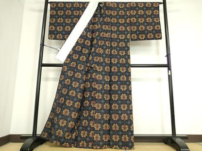 平和屋着物▽上質な紬 単衣 格子花文 黒地 正絹 逸品 DAAT9844az