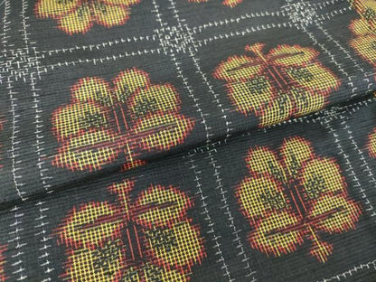 平和屋着物▽上質な紬 単衣 格子花文 黒地 正絹 逸品 DAAT9844az