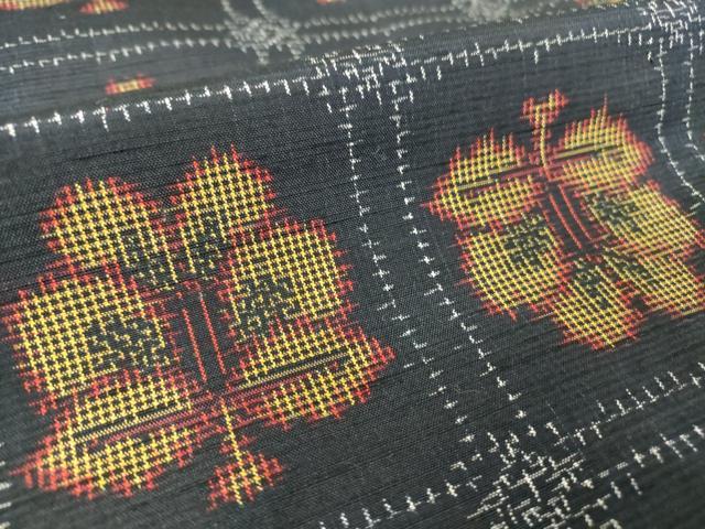 平和屋着物▽上質な紬 単衣 格子花文 黒地 正絹 逸品 DAAT9844az