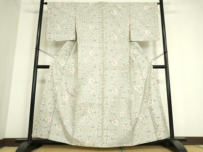 平和屋着物▽上質な紬　単衣　花繋ぎ　正絹　逸品　DAAT9851az