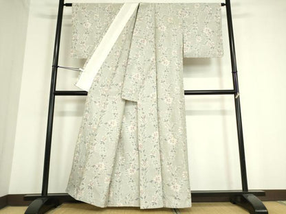 平和屋着物▽上質な紬　単衣　花繋ぎ　正絹　逸品　DAAT9851az