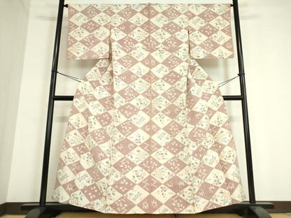 平和屋着物▽瑞穂紬 単衣 菱花文 反端付き 正絹 逸品 DAAT9855az