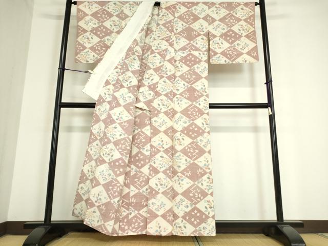 平和屋着物▽瑞穂紬 単衣 菱花文 反端付き 正絹 逸品 DAAT9855az